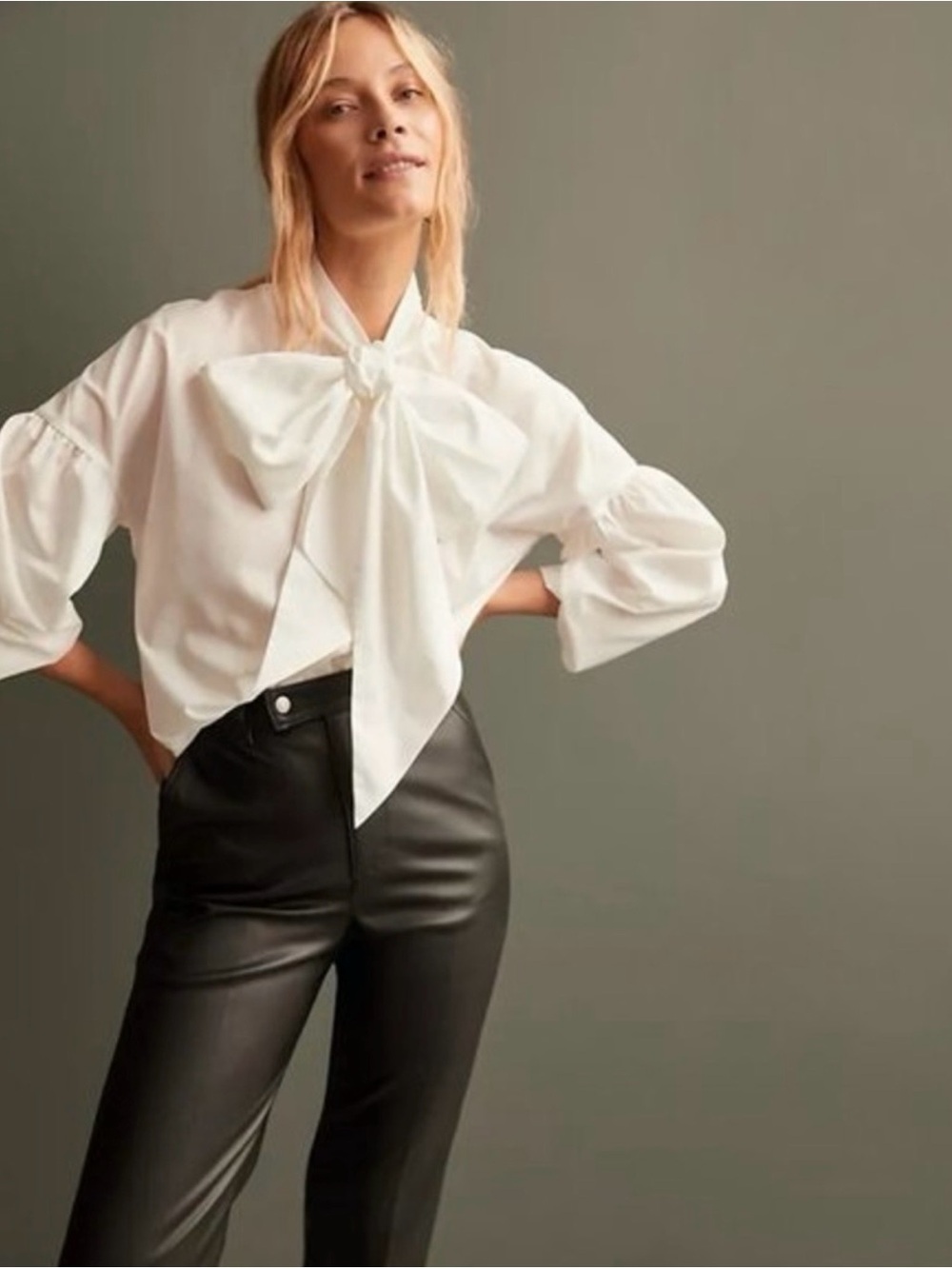 Anthropologie White Bow-Tie Puff Sleeve Blouse